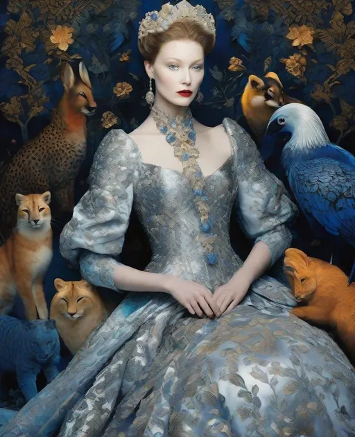 Prompt: She is a mysterious Lady of the moonlight night surrounded by animals style of Erik Madigan Heck, Nicholas Hughes, Nicholas Hilliard, Daarken. 3/4 body portrait, Cold Chrome colors tone, Extremely detailed, intricate, beautiful, 3d, high definition