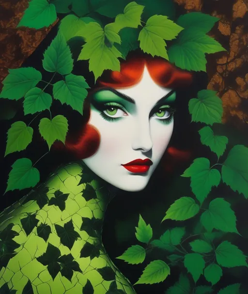 Prompt: intrigued poison ivy medieval grunge fantasy demi goddess vampire in fornasetti style, by laurie simmons