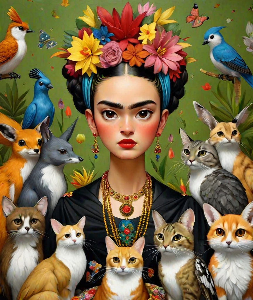 Prompt: Ori Gherst, Animorphia - Kerby Rosanes, sartorial,  by Gustav Klimt and Renoir. Frida Kahlo surrounded by pokemons 