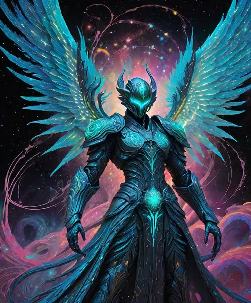 Prompt: Ophidian Angel demon made of bioluminescent hyperbolic graffiti, cosmic dust 