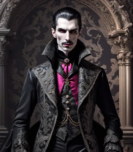 Prompt: Very handsome count dracula fancy ornated on neon victorian age, medieval grunge, victorianpunk, fashion design sketch, met gala event, royal gala, rococo, baroque, hyper realistic, insanely detailed and intricate, hyper maximalist, elegant, super detailed, dynamic pose