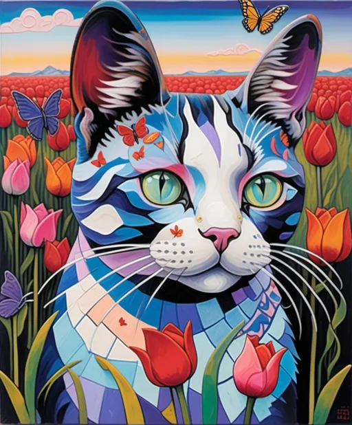 Prompt: Art by A. Y. Jackson, Beatriz Milhazes, Javier Mariscal, Monica Blatton, Luminous encaustic texture, gradient bold crossed colors, profile of an expressive beautiful cat looking up with a butterfly perched in its nose, in a field of tea rose and periwinkle tulips, piercing odd colored eyes, twilight sky.