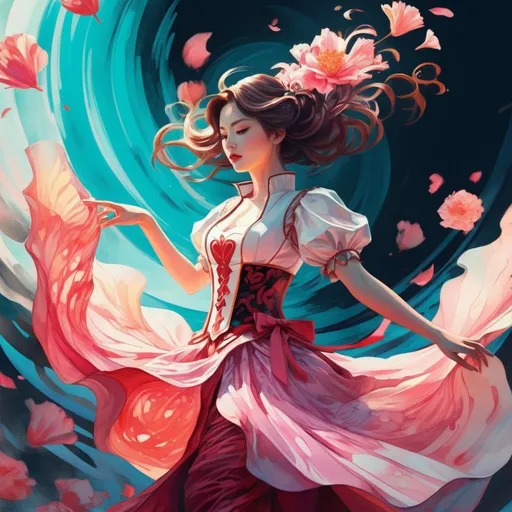 Prompt: girls dancing around the queen of hearts. swirling pink petals. Android Jones, Japanese Art, James Jean, Erin Hanson, Anna Dittmann, watercolor, natural lighting, volumetric lighting maximalist, photo illustration 32k resolution concept art intricately detailed, complex, elegant, expansive, fantastical, golden ratio principles, haunted, glass sculpture, madoka magica, honeycomb patterns, concept art by makoto shinkai, conrad roset, autochrome, 8k resolution, highest quality, arthur rackham, watercolor wet inkwash, artstation, 