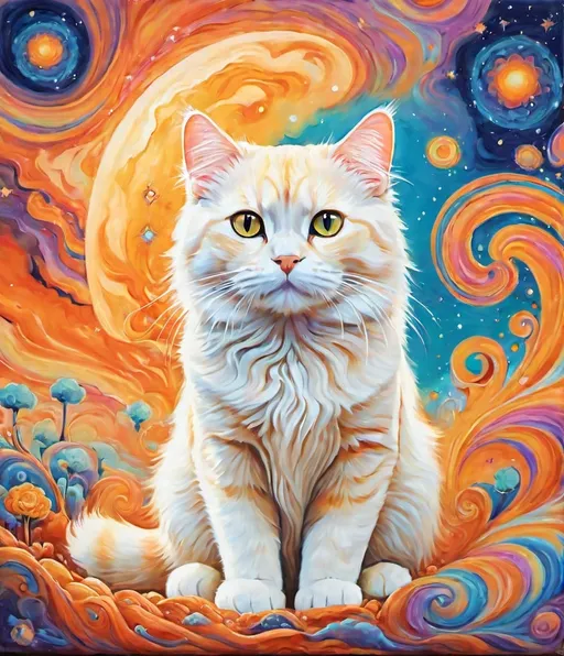 Prompt: a painted art piece of a slightly orange but cream cat in a psychedelic heaven