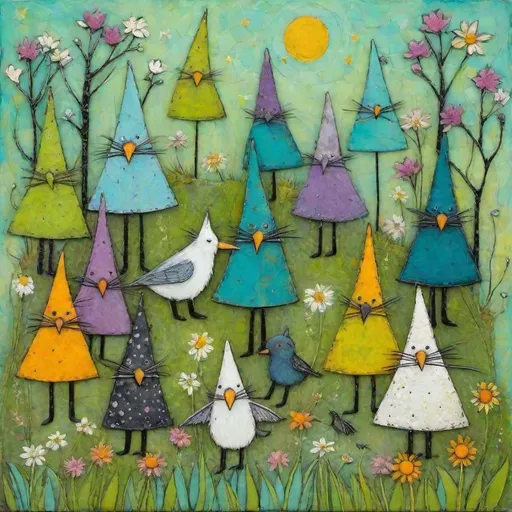 Prompt: Sam Toft style art pile of too many wizards cute creatures in a whimsical spring garden, craquelure, tempera, guache impasto encaustic texture