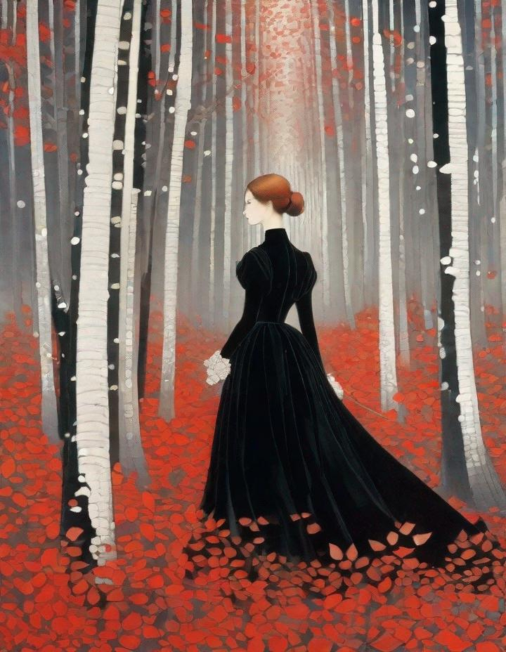 Prompt: A beautiful young lady, beautiful face, wearing black/silver dress in a ghostly forest of white stem trees with red leaves art by  Masaaki Sasamoto, Yves Saint-Laurent, Paolo Roversi, Thomas Edwin Mostyn, Hiro isono, James Wilson Morrice, Axel Scheffler, Gerhard Richter, pol Ledent, Robert Ryman. Guache Impasto and volumetric lighting. Mixed media, elegant, intricate, beautiful, award winning, fantastic view, 4K 3D, high definition, hdr, focused, iridescent watercolor and ink