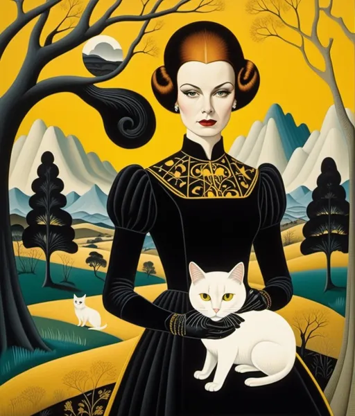 Prompt: Vladimir Tretchikoff, Irmgard Schoendorf Welch, Ruben Ireland, Paolo Uccello, Ghostly beautiful eccentric young lady, rockabilly fashion hair style, wearing a strange asymmetrical black dress with white random stitches, holding a creepy cute yellow cat, a gothic dreamy landscape background by Sam Chivers, piercing odd colored eyes
