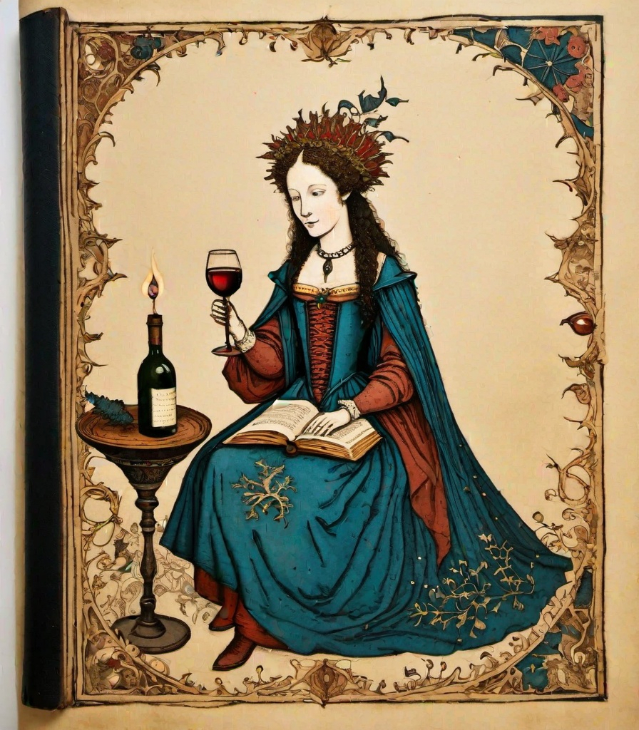 Prompt: pyrograhic voynich colored book print,marginalia lady and wine,medieval grunge 