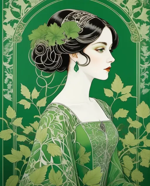 Prompt: Style by Omar Galliani, Christian Tagliavini, Mary Cassatt, Beatriz Milhazes, Aubrey Beardsley: The beautiful ghostly girl, android with molten filigree green leaves damask ornamental pattern, fauna and androids are become one unit, biotechnical, art nouveau