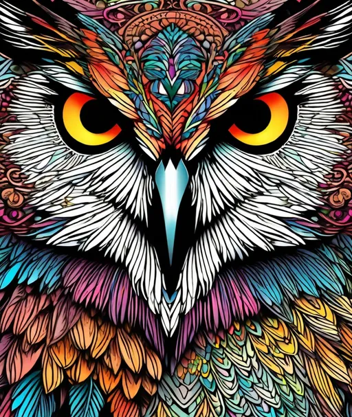 Prompt: up-close hyper realistic owl fractal zentangle colorful art. medieval grunge