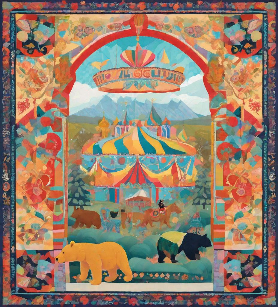 Prompt: Pooh bear climbing gate to the Moscow circus with giant animals , in the style of chalcedony folk art-inspired illustrations, bold patterned quilts, pastel colours, bloomcore, mixes painting and ceramics, precise, detailed architecture paintings, cute and dreamy, illustration by Olivia Gibbs, Victoria Ball, ugly sweater patchwork 