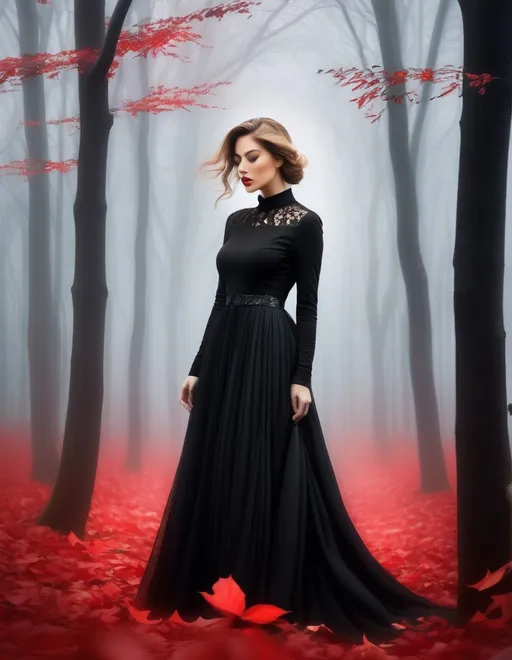 Prompt: A beautiful young lady, beautiful face, wearing black dress, a ghostly forest of white trees with red leaves background, god rays through the tees, rim lighting, foggy bleak mood art by Rebeca Saray, Michael Creese, Frank Cadogan Cowper, Yves Saint-Laurent, Thomas Edwin Mostyn, Hiro isono, James Wilson Morrice, Axel Scheffler, Gerhard Richter, pol Ledent, Robert Ryman. Guache Impasto and volumetric lighting. Mixed media, elegant, intricate, beautiful, award winning, fantastic view, 4K 3D, high definition, hdr, focused, 