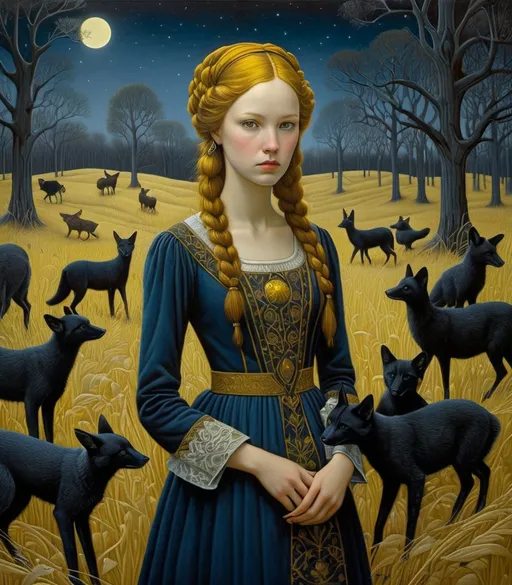 Prompt: She is a night girl with night animals style of Andrea Kowch, Michael Hutter, Genevieve Godbout, Morris Hirshfield, Robert Gillmor, Amy Giacomelli. Extremely detailed, intricate, beautiful, 3d, high definition 