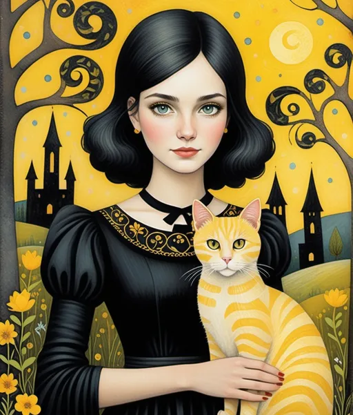 Prompt: Ghastly kooky young lady wonder, wearing a vibrant black dress, holding a beautiful yellow cat, Mindy Sommers, Paolo Uccello, Marc Johns, Mary Engelbreit, dreamy landscape background, piercing odd colored eyes, encaustic texture.