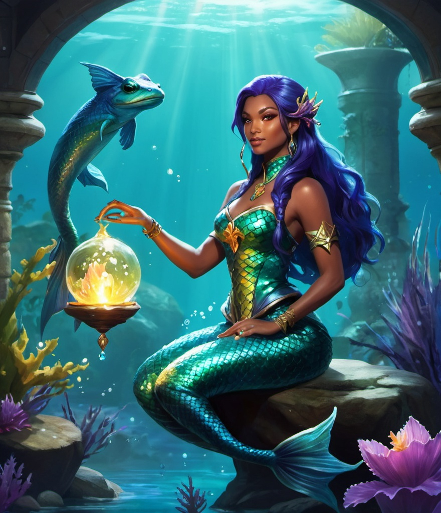 Prompt: RPG Character portrait. Concept art. Amphibian mermaid sorceress prepares to cast spell.