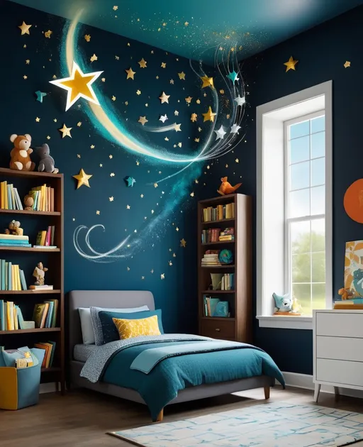 Prompt: art for a child's room, gantry of the imagination, a good book is the launchpad, shoot to the stars, books are magical, nurserycore, simple shapes, charming, fanciful, wisps and flourishes 