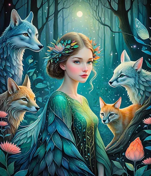 Prompt: The very Pretty girl and beautiful creatures at a magical night forest Illustration art by Agnieszka Lorek, Michael Leunig, Edward Okun, anna dittmann, Kazumasa Nagai, Desmond Morris. 3/4 body portrait, 3d, Watercolor and ink, impasto, volumetric lighting, spectacular, intricate, beautiful, fantastic view, extremely detailed