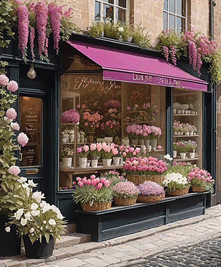 Prompt: floral print flowers shop window art print, in the style of florianne becker, lucy grossmith, albert marquet, charming character illustrations, detailed environments, fujifilm neopan, magenta and bronze 