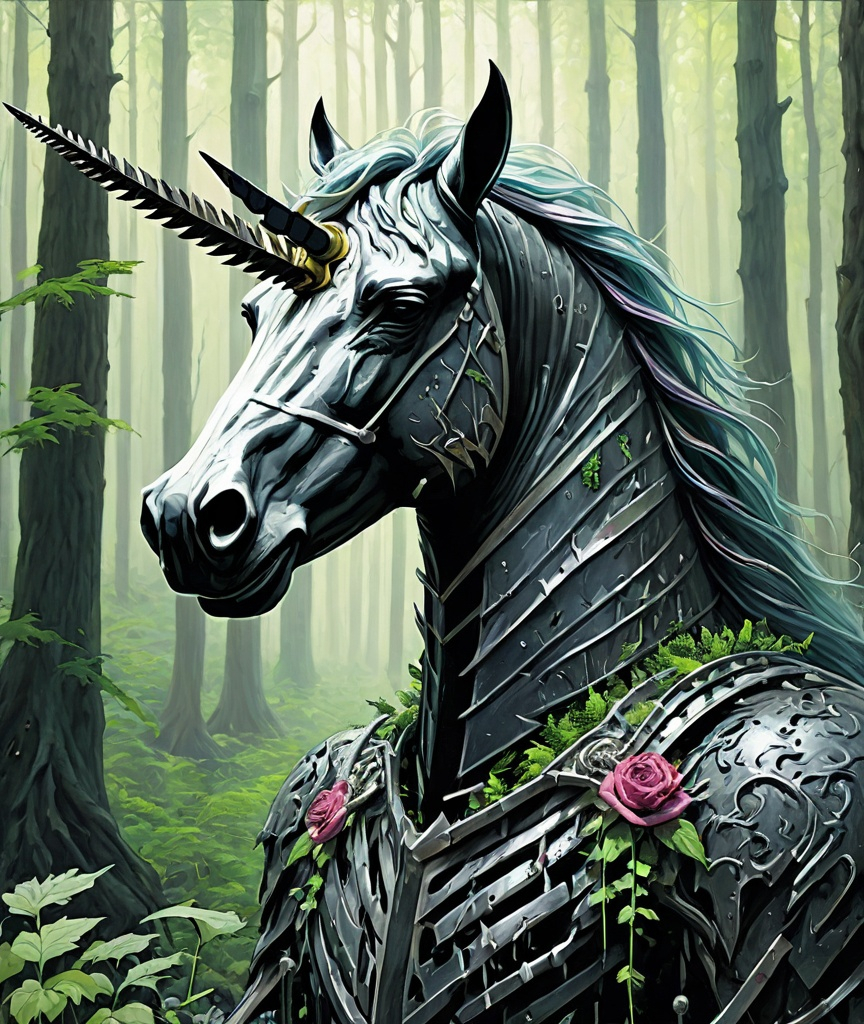 Prompt: unicorn god ate black metal and all my mouth got was cut up by razorblades, carboniferous forest, style impressionism magical realism 