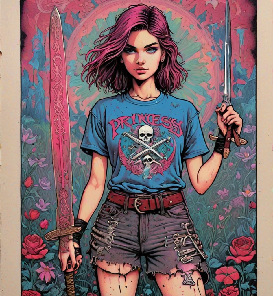 Prompt: Gig posters, art prints, graphic print, screenprint. A 1990’s grunge girl standing with a sword in one hand. Wearing a t-shirt that reads "Princess" and old trainers. Alternative, indie, medieval grunge, grunge aesthetic. Trippy, Psychedelic. Print in the style of Grateful Dead, Rhys Cooper, intricate details, sharp, hyperdetailed