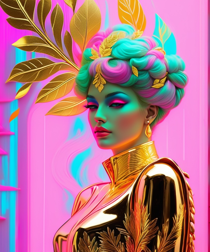 Prompt: gold leaf pastel neon beautiful Lady woman 