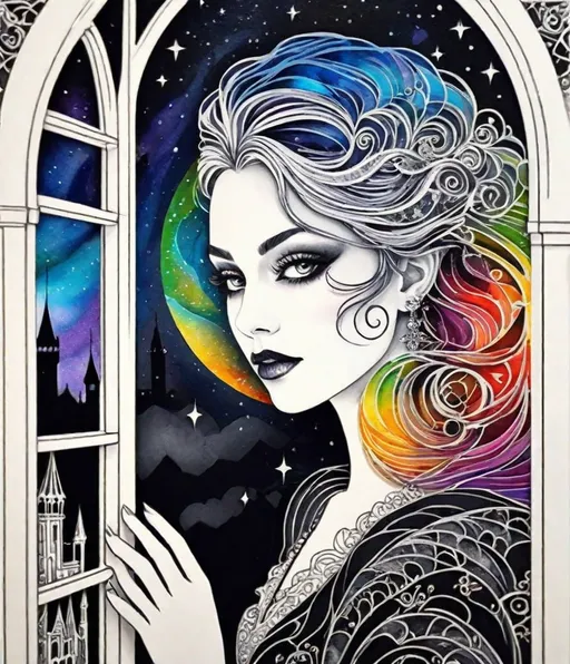 Prompt: a zentangle ferrotype portrait of In a gothic galaxy castle a vampire gazes through a window at the ethereal magic layers swirling in the vivid rainbow solar night in the style of Melanie Delon,  Victoria Francés, Rebeca Saray, Lin Fengmian, Anna dittmann, Justin Gaffrey, Michael Creese