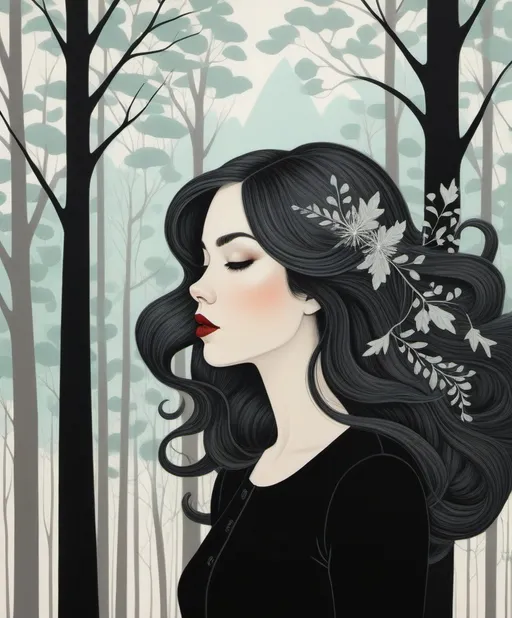 Prompt: The beautiful young lady with blowing hair illustration art by Amy Earles, Tristan Eaton. Whimsical forest background, Extremely detailed, intricate, beautiful. 
