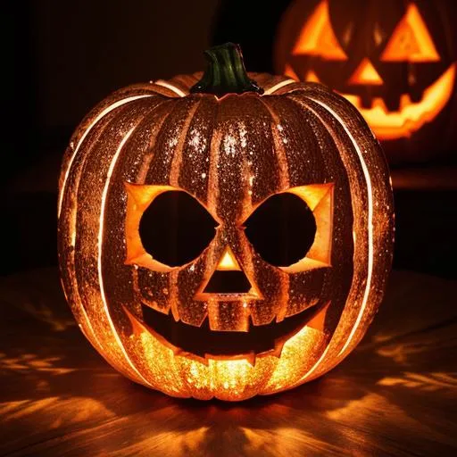Prompt: extremely detailed national geographic photo of sinister lumino geoglyph jack-o-lantern head hybrid man::5 with sparkly cellophane wrapped tricky treat candies flowing out of the top of the open jack-o-lantern, sparklecore 2d woodcut layered lasercut 