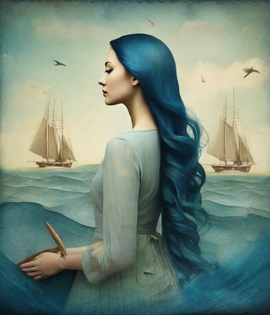 Prompt: In style of christian Schloe and daria Petrilli, a beautiful young lady, profile portrait, her very long and wild  ombre blue hair flows like a sea with sailing boats and fishes in it. Double exposure, Naive art, extremely detailed, optical illusion, oil painting 