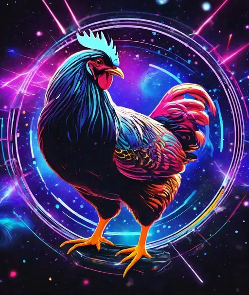 Prompt: metaphorical chicken with space lasers bouncing off mirrors, black hole fusion, neon uplight, cosmos neural galaxies background, in the style of NubisImmortalAiCreations