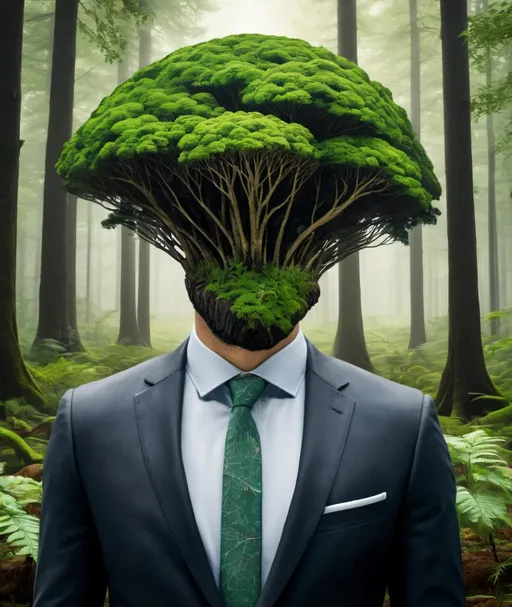 Prompt: A man in a suit and his head  has a small carboniferous forest on it 