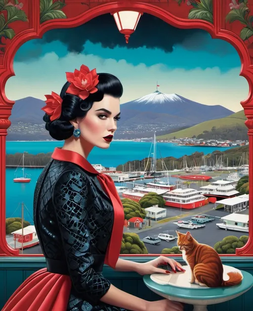 Prompt: illustration by Tom Bagshaw, Eleanor Vere Boyle, Olga suvorova, Butcher Billy and Miles Aldridge, fashion photography, Hobart harbour the beautiful lady and the stray cats, with view of Mount wellington, in the style of gait folk art-inspired illustrations, bold patterned quilts, bloomcore, mixes painting and ceramics, precise, detailed architecture paintings, cute and dreamy, maximalism , attention to details, shimmering beauty. Extremely detailed, intricate, beautiful, fantastic view, elegant, crispy quality.