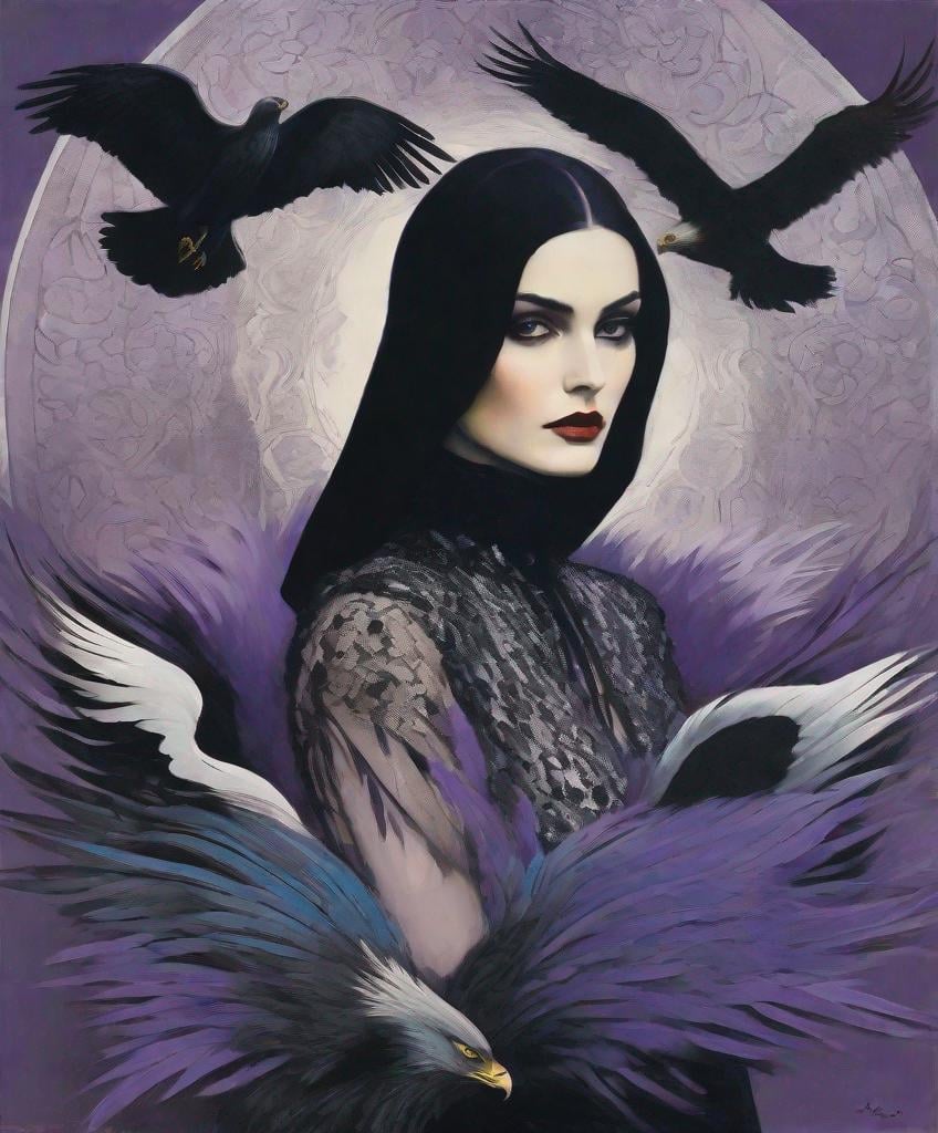 Prompt: Use style of Kees van Dongen, Omar Galliani, Maciej Kuciara, Sue Reno: Dim lighting, Gloomy atmosphere, Gothic pale woman with dark silver hair and violet eyes, surrounded by a circular formation of nine realistic, solemn big eagles with detailed feathers. The woman is centered and wears a long lace black dress with a high neck and long sleeves. Her attire includes an intricate golden embroidery with an elaborate design. The background is a smooth, dark gradient with subtle golden elements that echo the top arch of a halo or ornate frame.