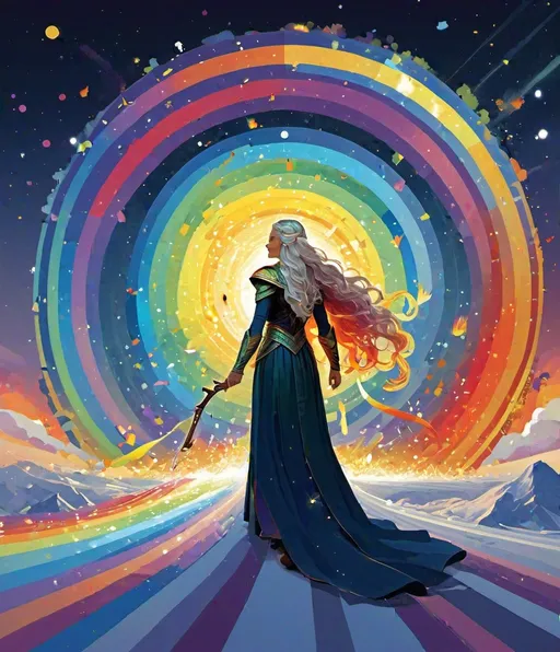 Prompt: Bifrost goddess, In Norse mythology, Bifröst (/ˈbɪvrɒst/), also called Bilröst, is a burning rainbow bridge that reaches between Midgard (Earth) and Asgard, the realm of the gods, by Charis Tsevis 