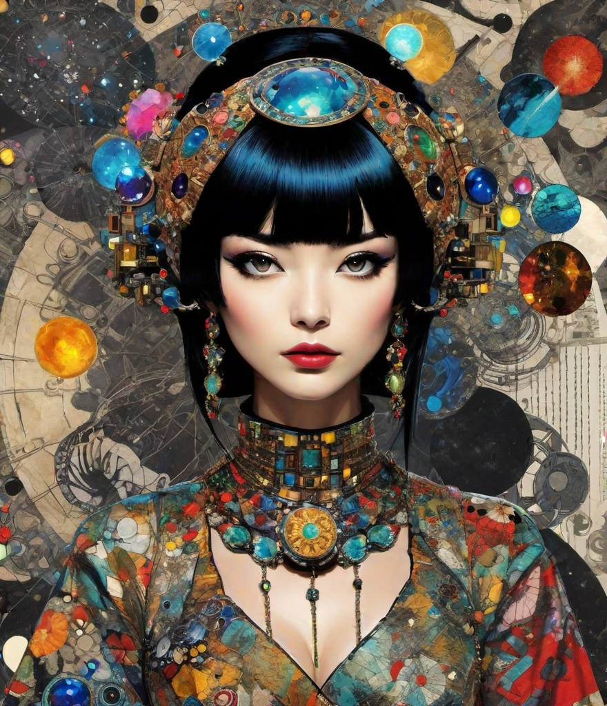 Prompt: supermodel Gia as the perfect heliocentric femmebot mixing art styles from Jamie Hewlett: Jasmine Becket Griffith: Junji Ito: Rumiko Takahashi: Takashi Murakami: Yoji Shinkawa: Basquiat: Arthur Rackham: 21st century blockprint collage archetype of cybernetic fractalized gemstone encrusted materials textures, cinematic pov 