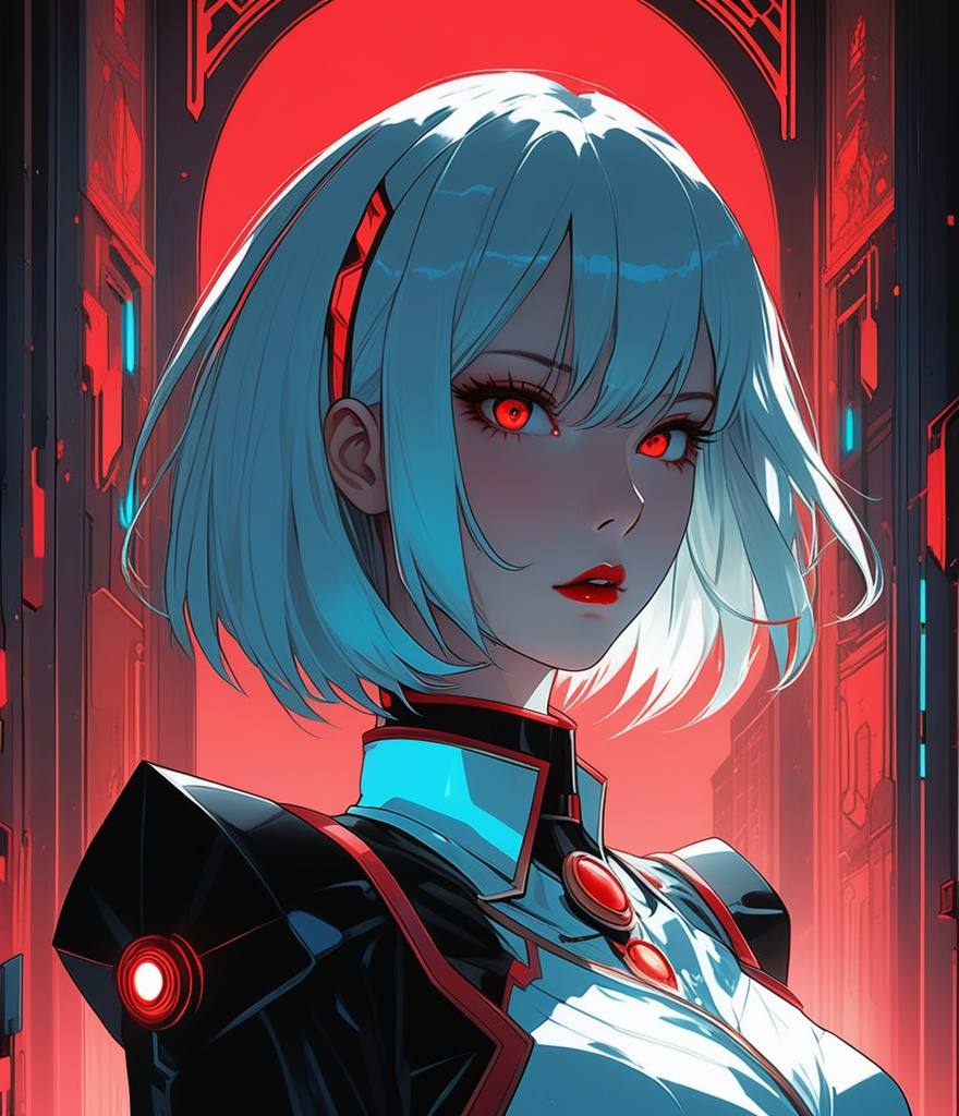 Prompt: scary evil female vampire character looking up at someone using a cigarette, heliocentric, glowing red eyes, in the style of neon hallucinations, mecha anime, arched doorways, animated gifs, dark white and sky-blue, flat areas of color, alois arnegger quality details