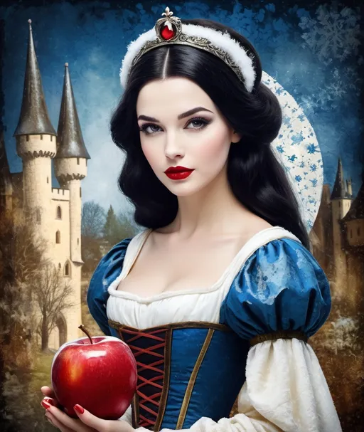 Prompt: medieval grunge Snow White, impasto, old picture effect, grunge whimsical 