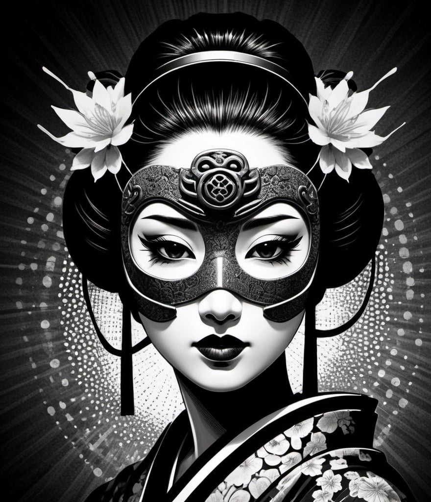 Prompt: halftone geisha ninja wearing an ornate mask, metropolitan dystopia, neo-noir art deco, high contrast 