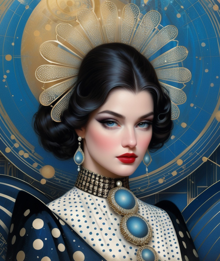 Prompt: The beautiful lady, She is dressed in conspiracy dots style by Anna and Elena Balbusso, Tom Bagshaw, Del Kathryn Barton. 3d, Blueprint, best quality, ultra detailed, beautiful, elegant, intricate.