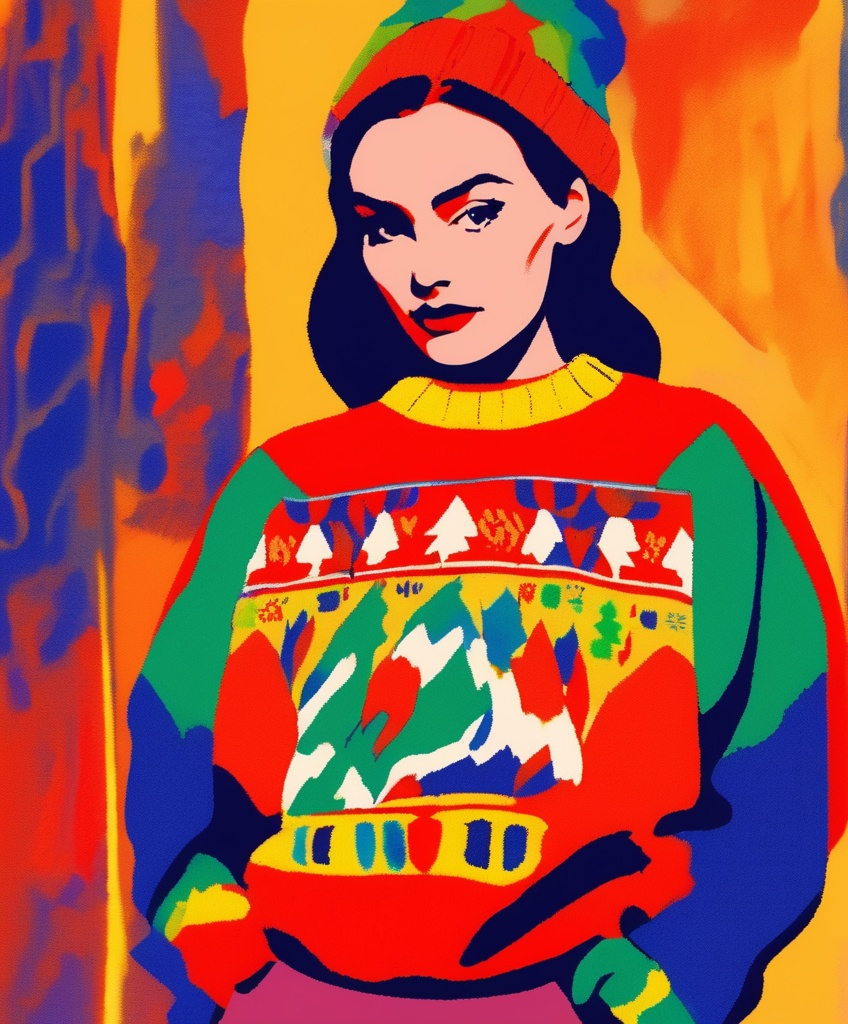 Prompt: lady wearing old ugly sweater in fauvist style 