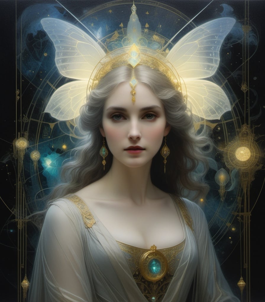 Prompt: ode to feminism By by Thomas Lawrence, Yoann Lossel, Iren Horrors, Peter Lippmann, Abigail Larson, Henri Fantin-Latour, The beautiful ethereal lady, the mathematical phosphorescent architecture of life combined with fluorescent machine veins in a transcendental portrait, mixed media, textured painting
