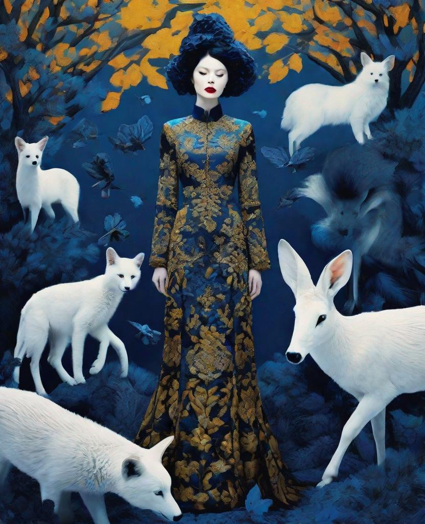 Prompt: She is a mysterious Lady of the moonlight night surrounded by animals style of Erik Madigan Heck, Nicholas Hughes, Daarken. 3/4 body portrait, Cold Chrome colors tone, Extremely detailed, intricate, beautiful, 3d, high definition
