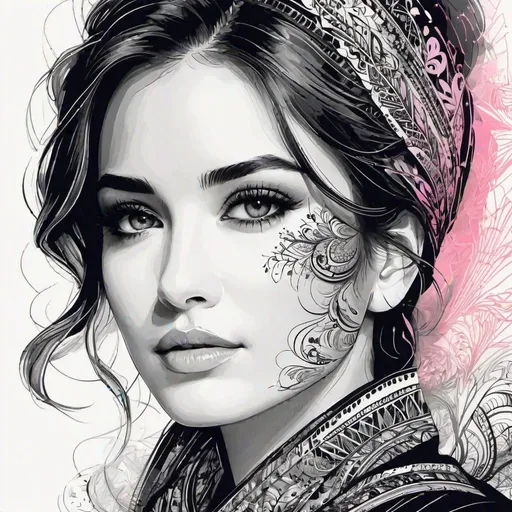 Prompt: A beautiful woman face, closeup, Petros Afshar, modern european ink painting, intricate lines drawings, decoupage, black, pinkand white gradient coloring, a detailed drawing