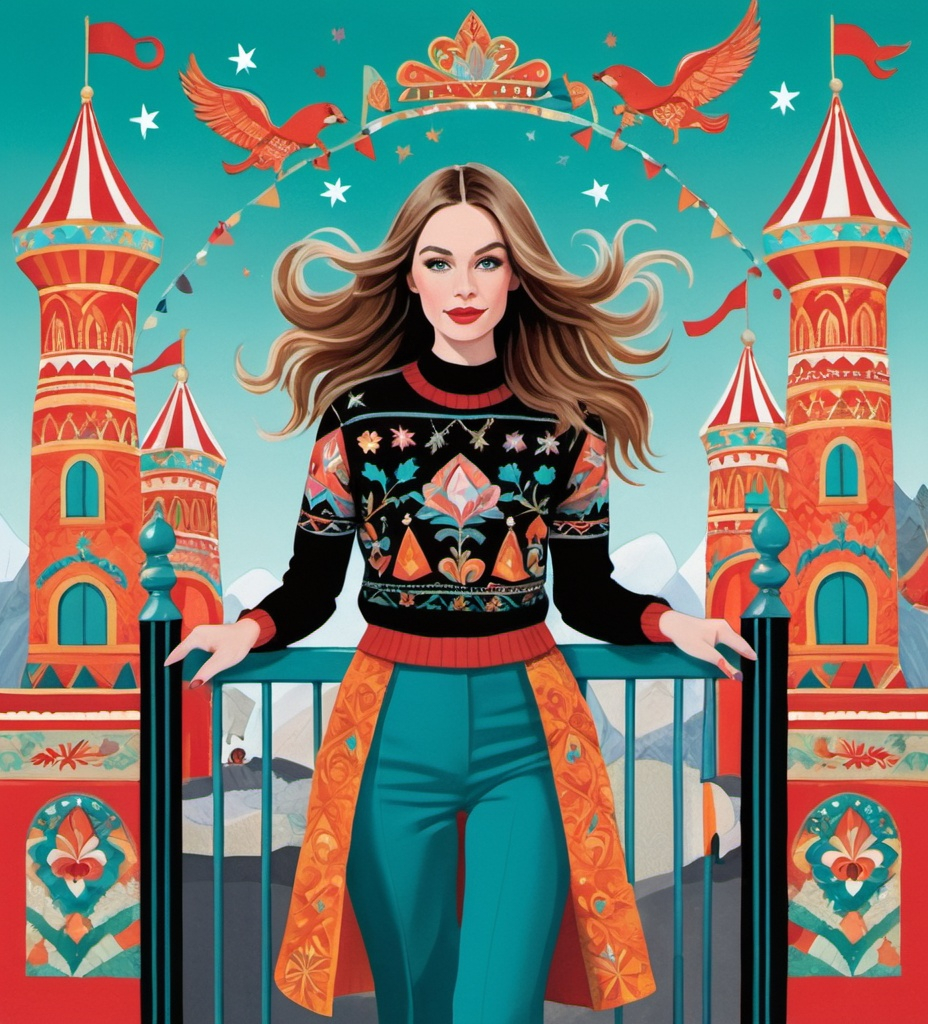 Prompt: Bond girl with blowing hair climbing gate to the Moscow circus with giant animals , in the style of chalcedony folk art-inspired illustrations, bold patterned quilts, pastel colours, bloomcore, mixes painting and ceramics, precise, detailed architecture paintings, cute and dreamy, illustration by Olivia Gibbs, Victoria Ball, ugly sweater patchwork 