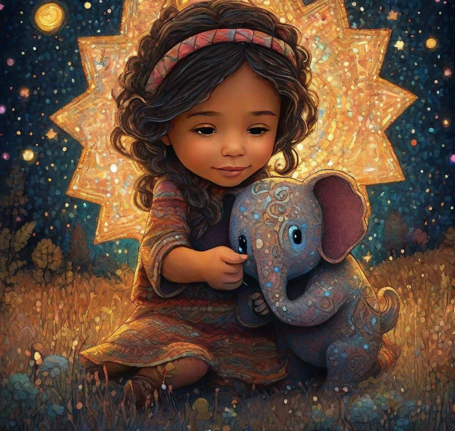 Prompt: The little native American super cute girl holding her star magic wand posing with her cute elephant friend. In style of james r eads and Sam Toft. Naive art, 3d, extremely detailed, intricate cinematic lighting, high definition 