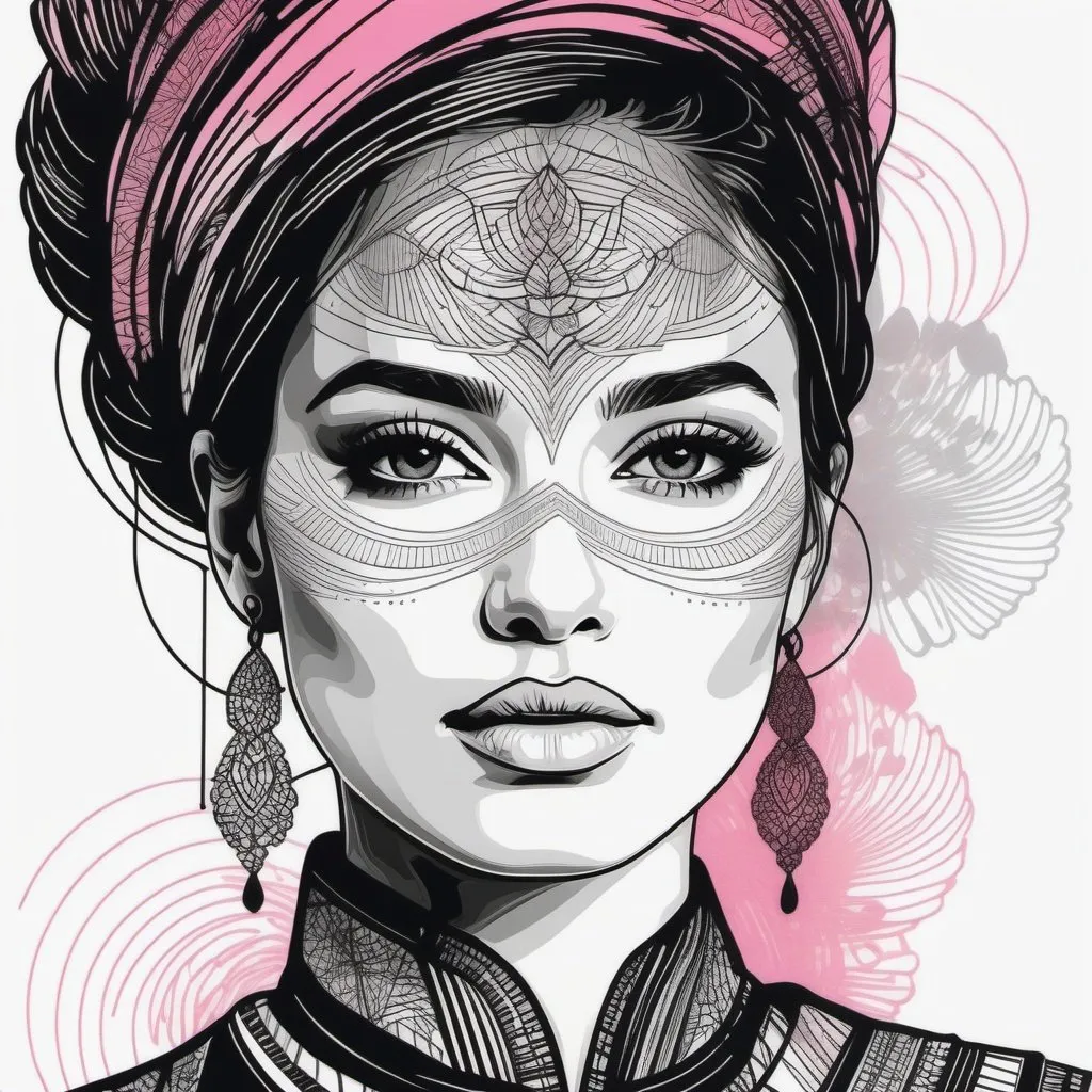 Prompt: Sketch intricate Ink lines CAD drawing of A beautiful woman face, closeup, Petros Afshar, Lisa Congdon, Lucienne Day print style, modern european ink painting, intricate lines drawings, decoupage, black, pink and white gradient coloring, a detailed drawing