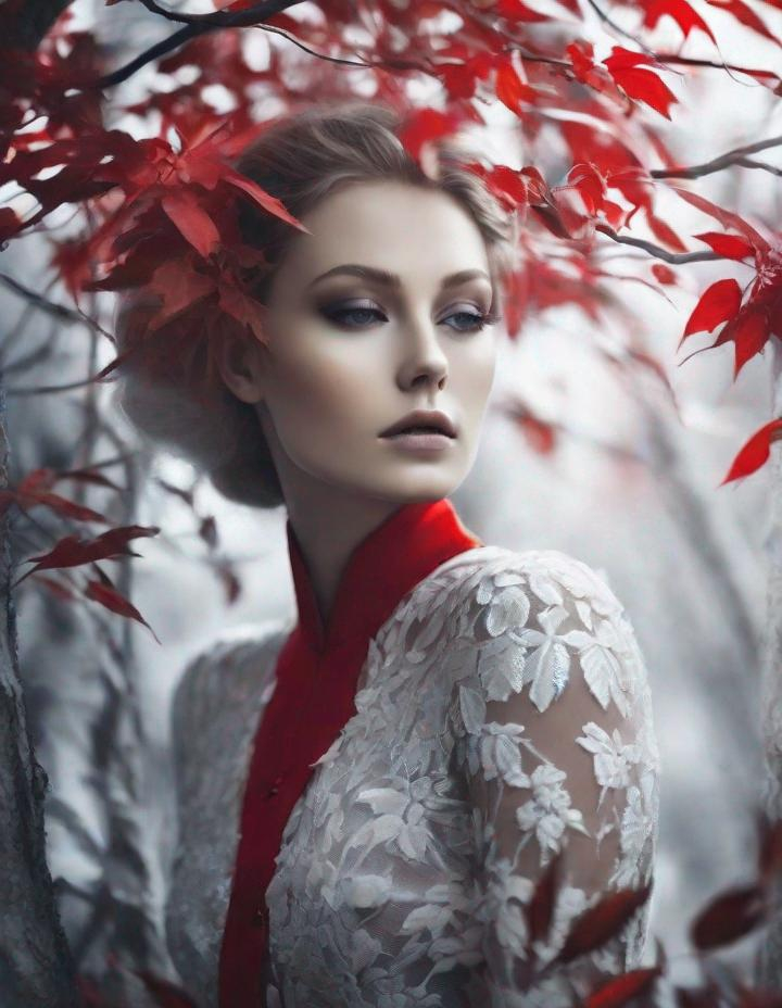 Prompt: A beautiful young lady, beautiful face, in a ghostly forest of white stem trees with red leaves art by  Rebeca Saray, Yves Saint-Laurent, Paolo Roversi, Thomas Edwin Mostyn, Hiro isono, James Wilson Morrice, Axel Scheffler, Gerhard Richter, pol Ledent, Robert Ryman. Guache Impasto and volumetric lighting. Mixed media, elegant, intricate, beautiful, award winning, fantastic view, 4K 3D, high definition, hdr, focused, iridescent watercolor and ink