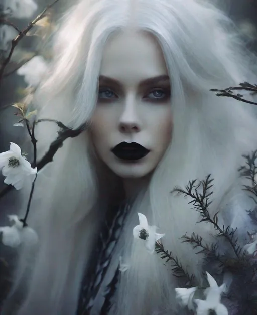 Prompt: Eerie beautiful diaphanous forest mage, floating long platinum white hair, porcelain skin, beautiful eyes, black lipstick, ethereal silver shimmering clothes, surrounded by ghostly beautiful flowers forest illuminated by a night rim lighting through the trees, foggy art by Monia Merlo, Sarah moon, Agnieszka Lorek, John Larriva, William Oxer, Nickolas Muray, Inna Mosina, Angus McBean, elsa Bleda, Elger Esser. 3/4 body shoot, Ethereal foggy background, chiaroscuro lighting, Mixed media, 3d, extremely detailed, intricate, high definition