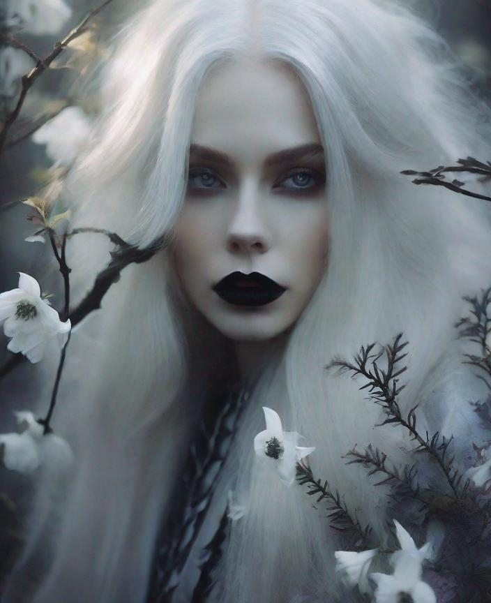 Prompt: Eerie beautiful diaphanous forest mage, floating long platinum white hair, porcelain skin, beautiful eyes, black lipstick, ethereal silver shimmering clothes, surrounded by ghostly beautiful flowers forest illuminated by a night rim lighting through the trees, foggy art by Monia Merlo, Sarah moon, Agnieszka Lorek, John Larriva, William Oxer, Nickolas Muray, Inna Mosina, Angus McBean, elsa Bleda, Elger Esser. 3/4 body shoot, Ethereal foggy background, chiaroscuro lighting, Mixed media, 3d, extremely detailed, intricate, high definition