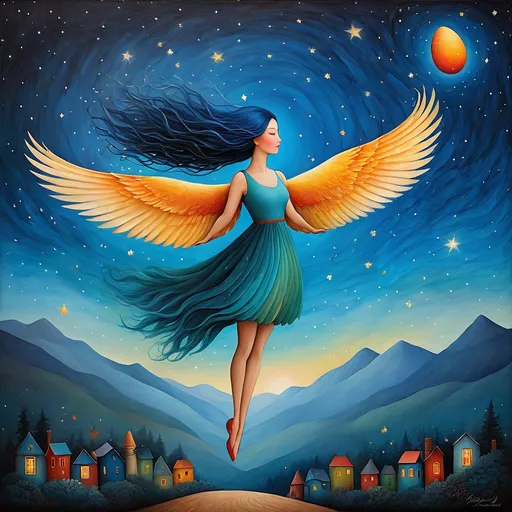 Prompt: In style of christian Schloe and daria Petrilli, a giant colorful bird flying in a starry night sky with a beautiful cute girl with a very long and wild  ombre gradient blue hair on its back . Craquelure, egg tempera effect, Naive art, extremely detailed, optical illusion, oil painting 